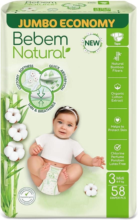 Bebem Natural - Baby Diapers - Jumbo Pack - Midi Size 3 - 58 Pieces